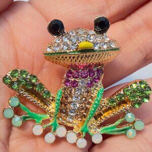 Frog Brooch Gold Tone Multicolor Rhinestone Enamel Statement Pin – 1.5” Tall